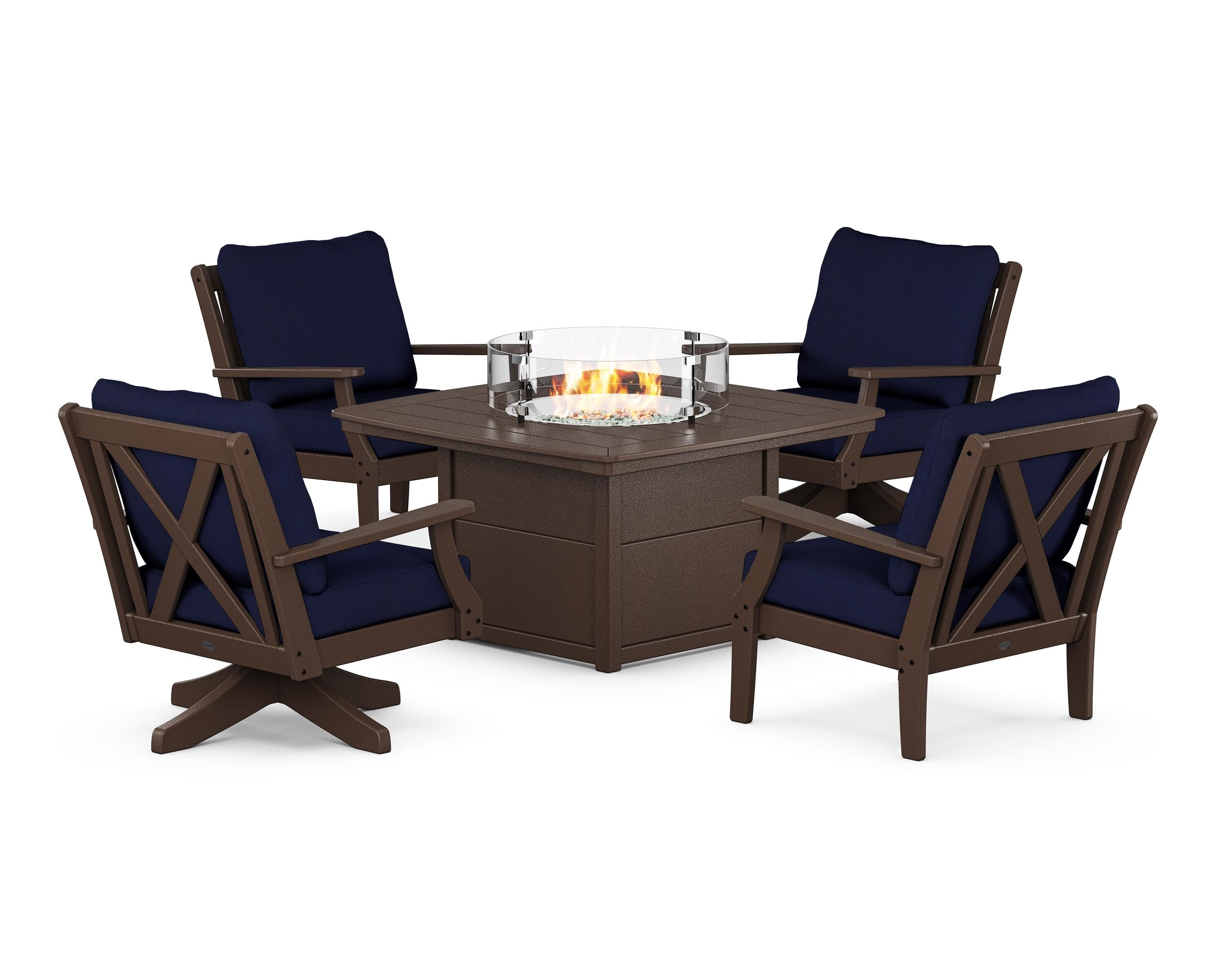POLYWOOD® Braxton 5-Piece Deep Seating Set with Fire Table in Mahogany / Navy