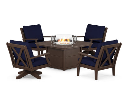 POLYWOOD® Braxton 5-Piece Deep Seating Set with Fire Table in Mahogany / Navy