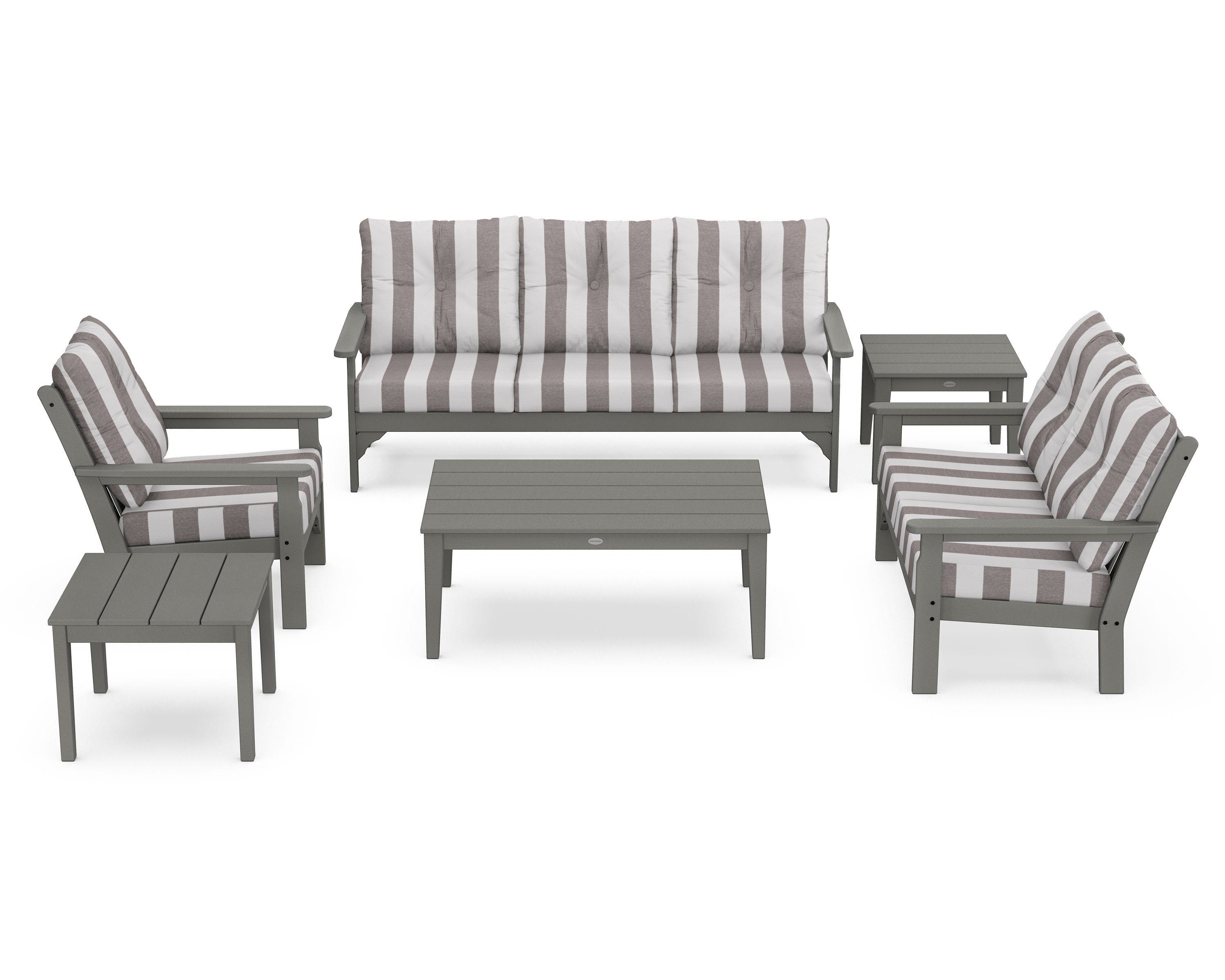 POLYWOOD® Vineyard 6-Piece Deep Seating Set in Slate Grey / Cabana Stripe Grey Mist