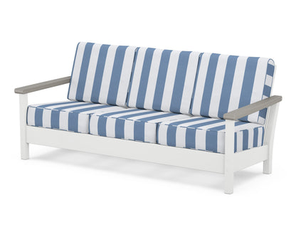POLYWOOD® Harbour Deep Seating Sofa in White / Driftwood / Cabana Stripe Sky Blue