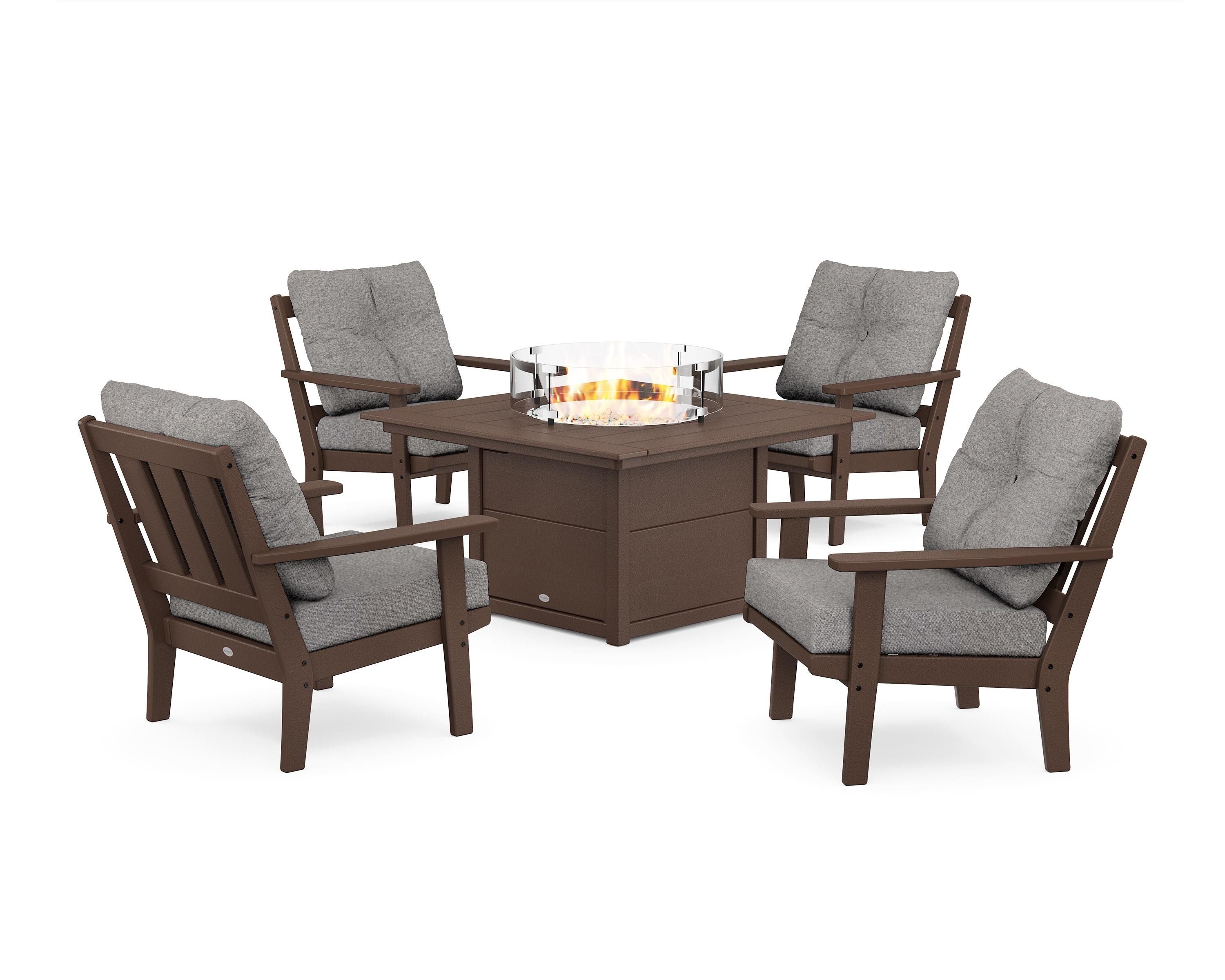POLYWOOD® Oxford 5-Piece Deep Seating Set with Fire Pit Table in Mahogany / Grey Mist