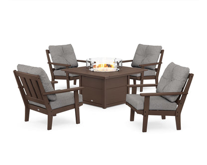 POLYWOOD® Oxford 5-Piece Deep Seating Set with Fire Pit Table in Mahogany / Grey Mist