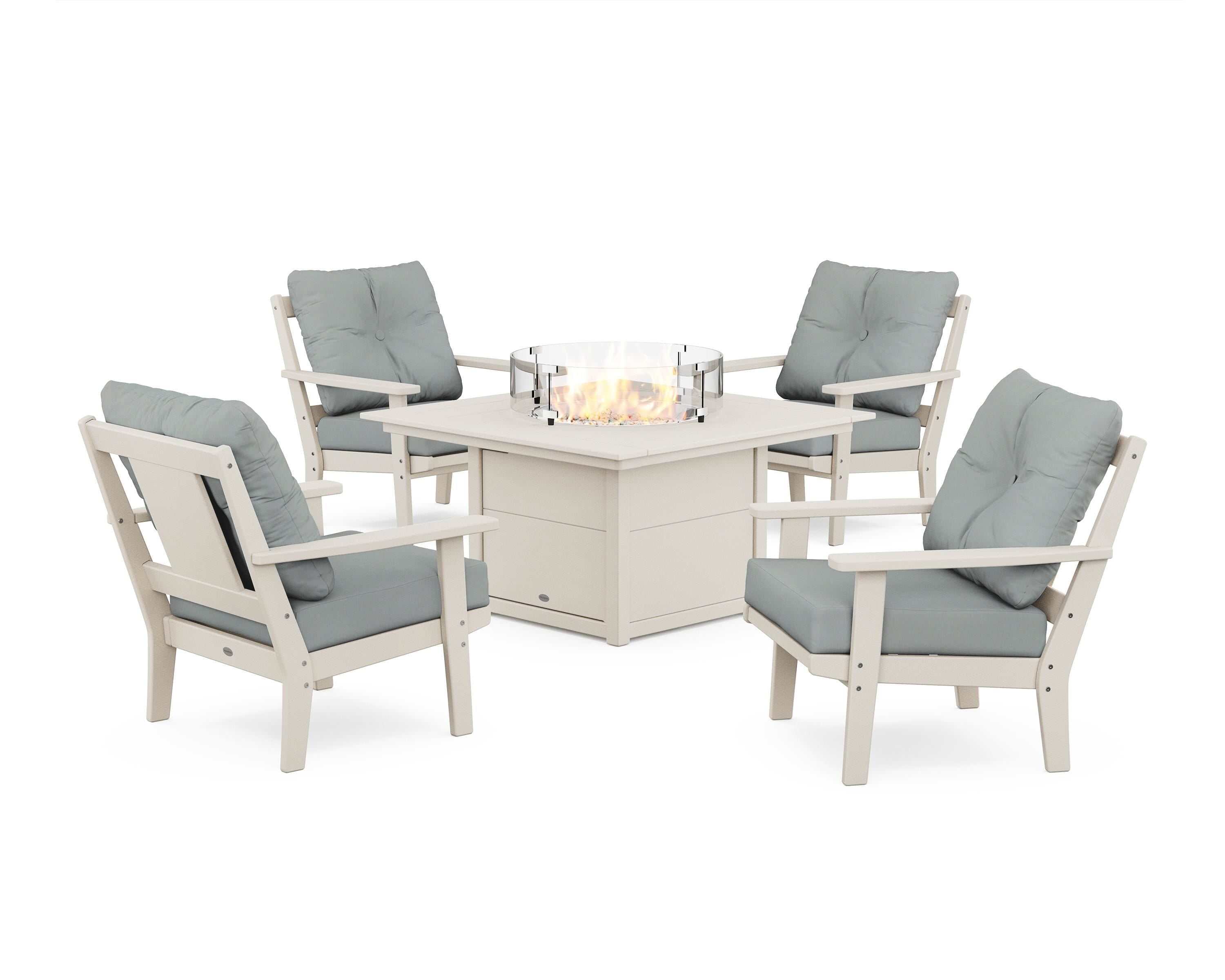 POLYWOOD® Prairie 5-Piece Deep Seating Set with Fire Pit Table in Sand / Spa