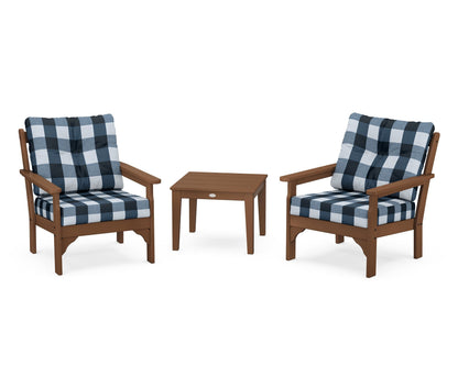 POLYWOOD® Vineyard 3-Piece Deep Seating Set in Teak / Buffalo Plaid Marine Indigo