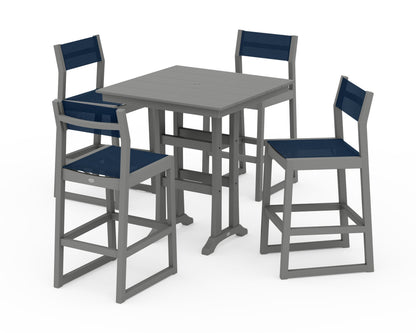 POLYWOOD® EDGE Sling Arm Chair 5-Piece Farmhouse Bar Set with Trestle Legs in Slate Grey / Navy Blue Sling