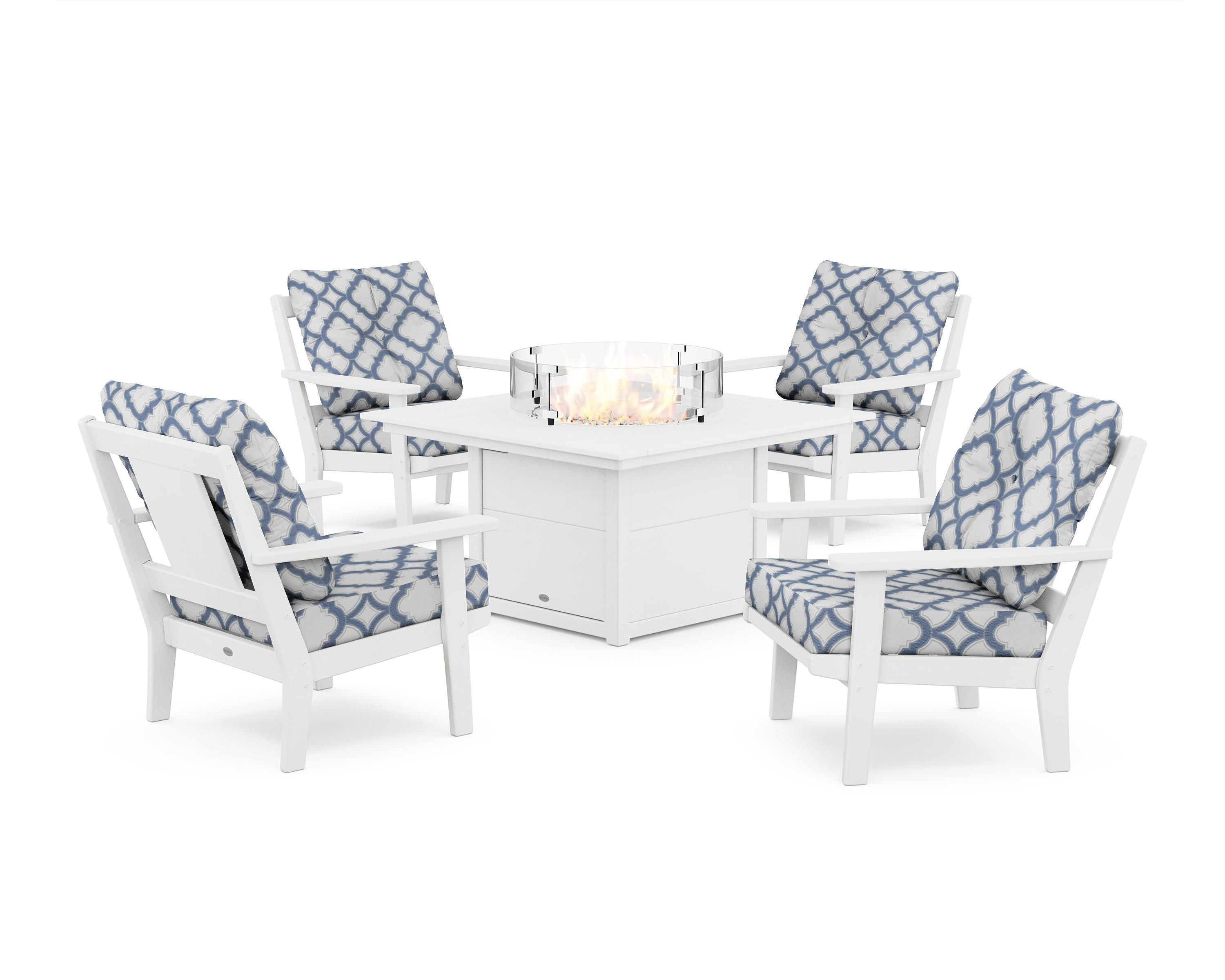 POLYWOOD® Prairie 5-Piece Deep Seating Set with Fire Pit Table in White / Trellis Sky Blue