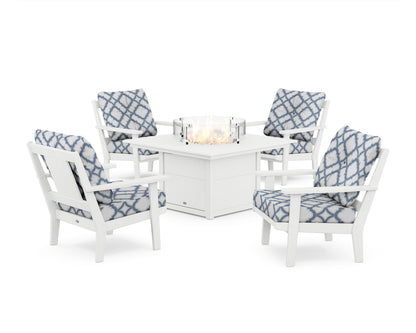 POLYWOOD® Prairie 5-Piece Deep Seating Set with Fire Pit Table in White / Trellis Sky Blue