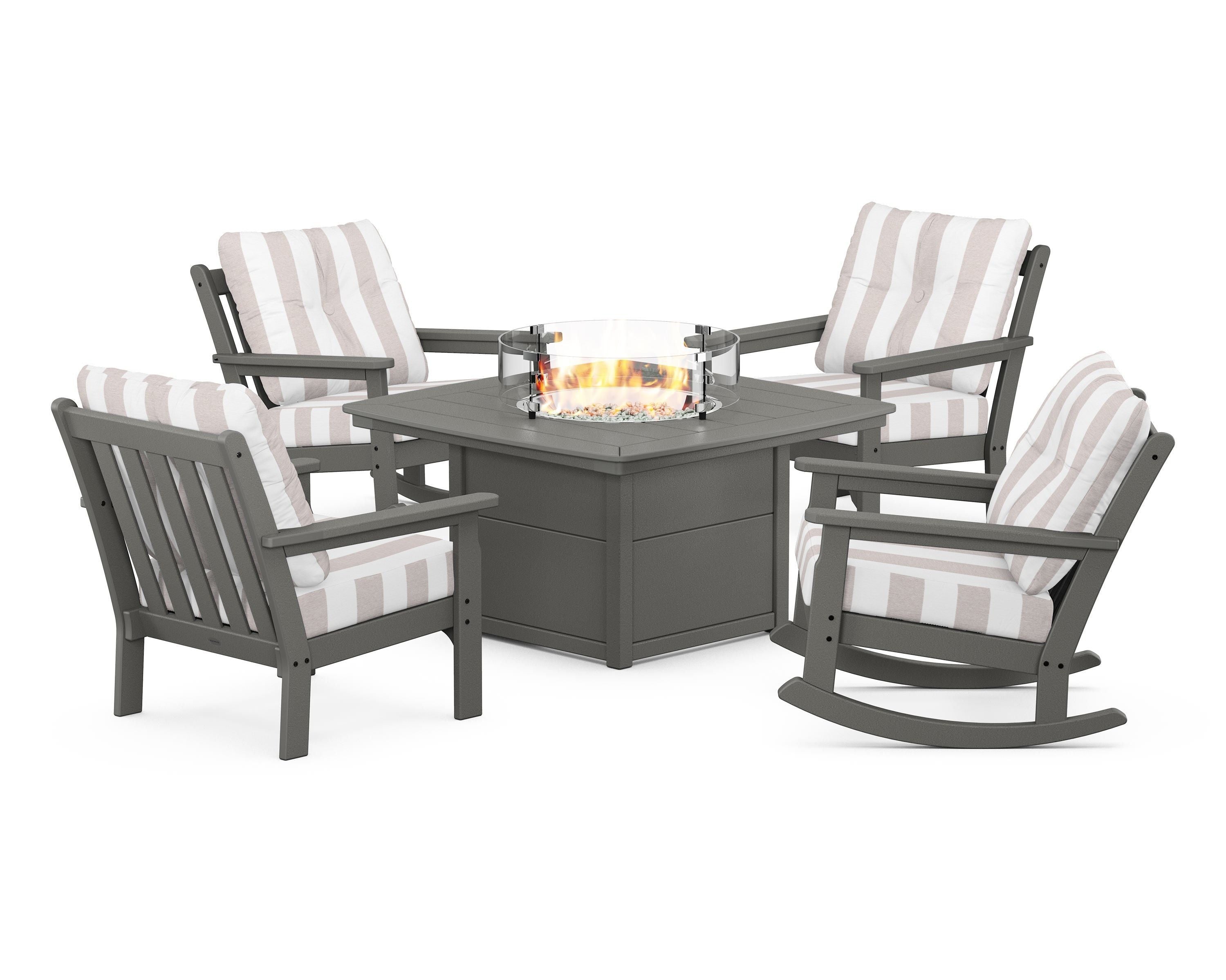 POLYWOOD® Vineyard 5-Piece Deep Seating Rocking Chair Conversation Set with Fire Pit Table in Slate Grey / Cabana Stripe Dune Burlap