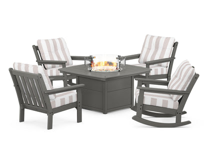 POLYWOOD® Vineyard 5-Piece Deep Seating Rocking Chair Conversation Set with Fire Pit Table in Slate Grey / Cabana Stripe Dune Burlap