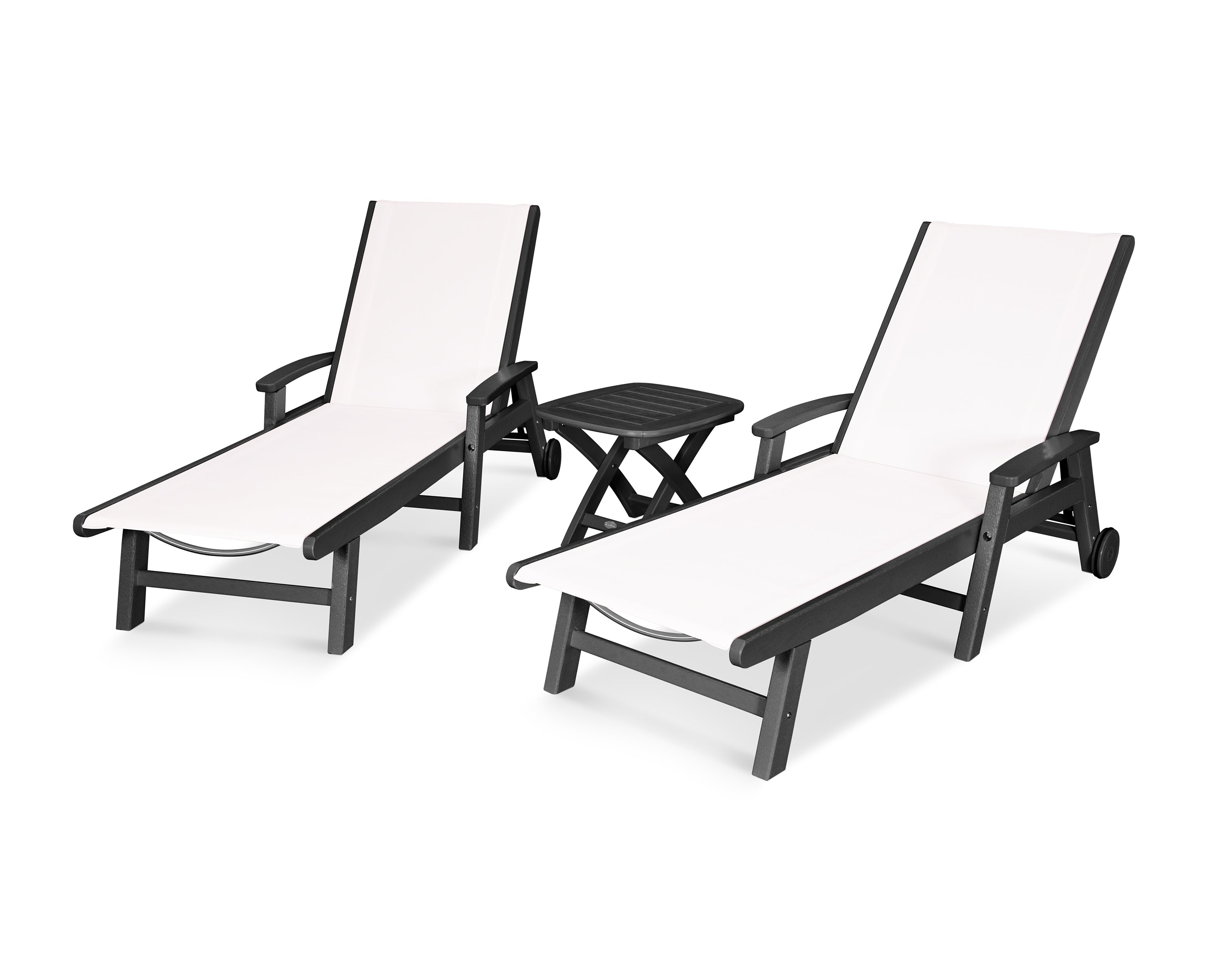 POLYWOOD® Coastal 3-Piece Wheeled Chaise Set in Black / White Sling