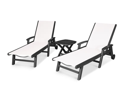 POLYWOOD® Coastal 3-Piece Wheeled Chaise Set in Black / White Sling