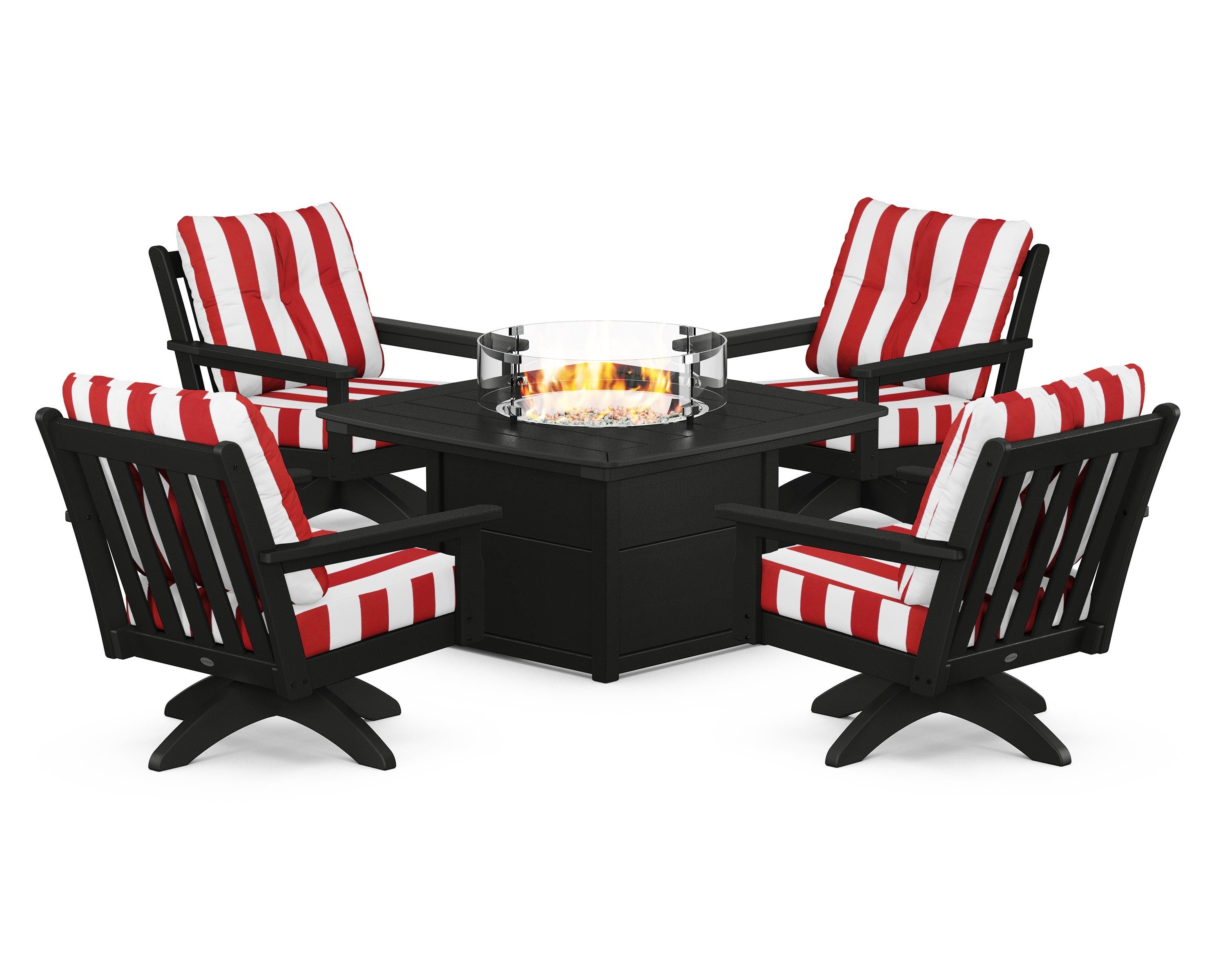 POLYWOOD® Vineyard 5-Piece Deep Seating Swivel Conversation Set with Fire Pit Table in Black / Cabana Stripe Crimson