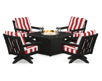 POLYWOOD® Vineyard 5-Piece Deep Seating Swivel Conversation Set with Fire Pit Table in Black / Cabana Stripe Crimson