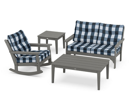 POLYWOOD® Vineyard 4-Piece Deep Seating Rocker Set in Slate Grey / Buffalo Plaid Marine Indigo