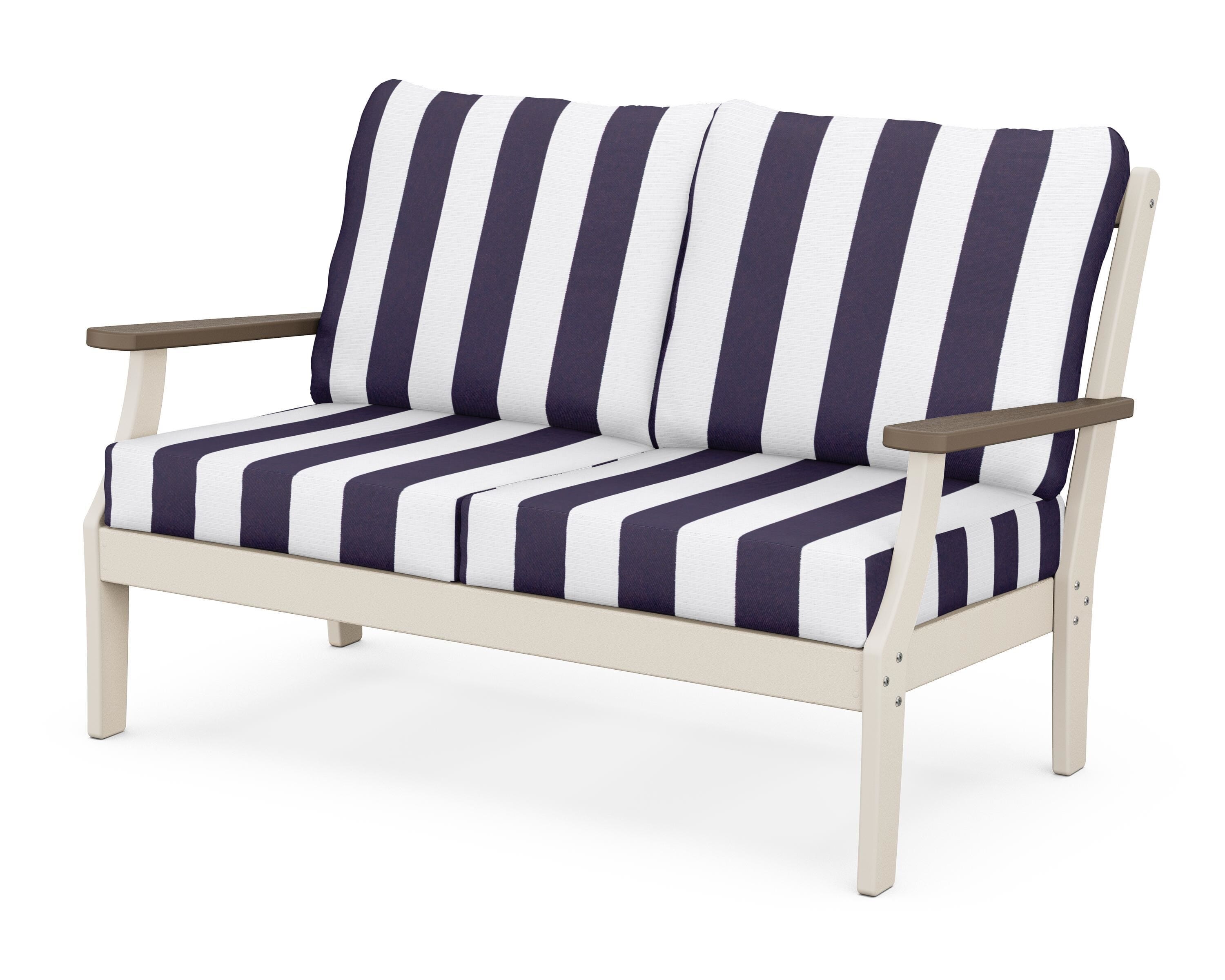 POLYWOOD® Braxton Deep Seating Loveseat in Sand / Kona / Cabana Stripe Navy