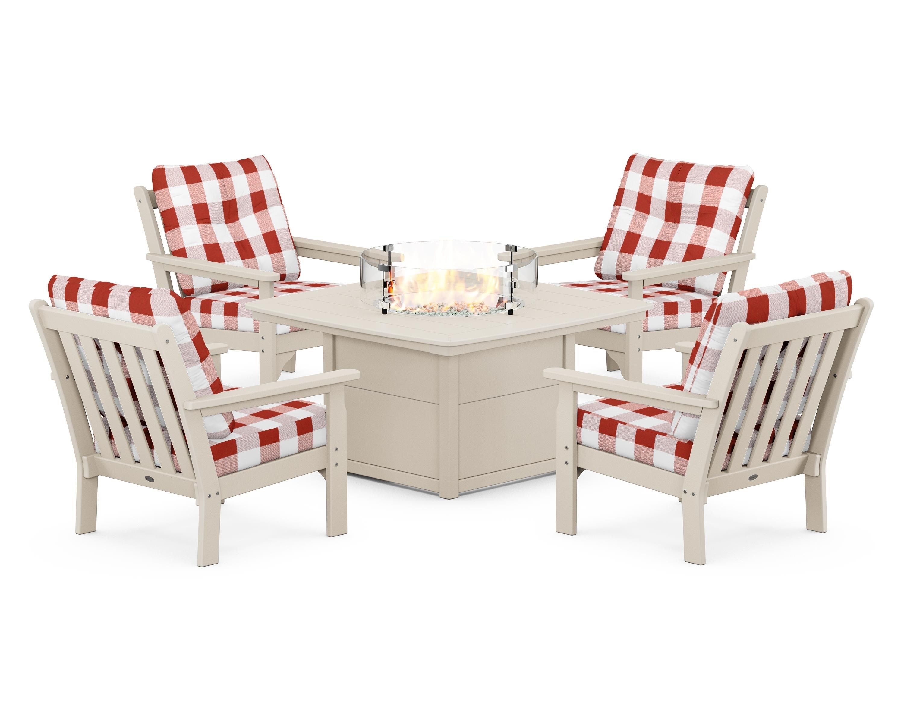 POLYWOOD® Vineyard 5-Piece Conversation Set with Fire Pit Table in Sand / Buffalo Plaid Crimson
