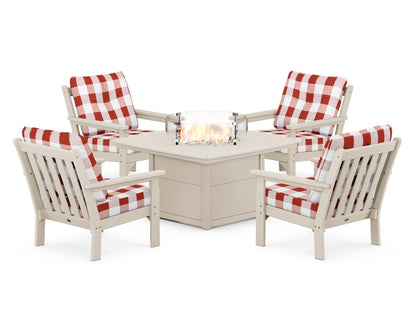 POLYWOOD® Vineyard 5-Piece Conversation Set with Fire Pit Table in Sand / Buffalo Plaid Crimson