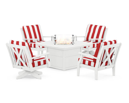 POLYWOOD® Braxton 5-Piece Deep Seating Set with Fire Table in White / Cabana Stripe Crimson
