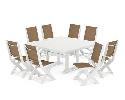 POLYWOOD® Coastal Folding Side Chair 9-Piece Farmhouse Dining Set in White / Burlap Sling