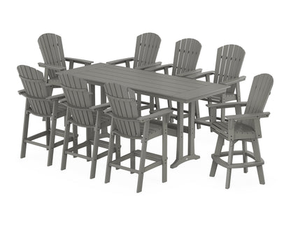 POLYWOOD® Nautical Curveback Adirondack Swivel Chair 9-Piece Farmhouse Bar Set with Trestle Legs in Slate Grey