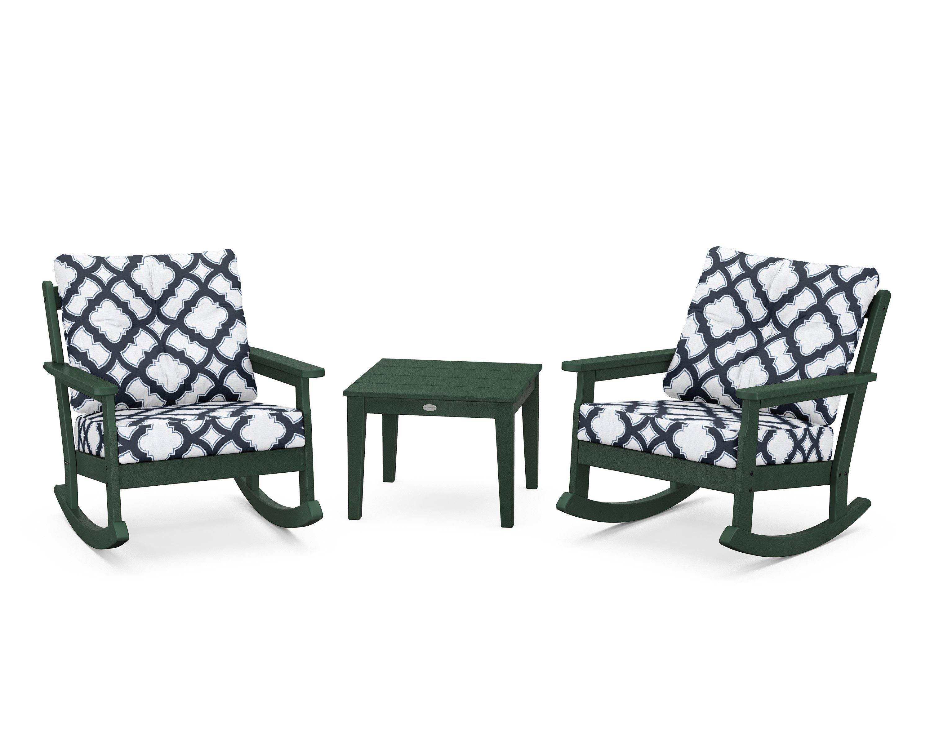 POLYWOOD® Vineyard 3-Piece Deep Seating Rocker Set in Green / Trellis Marine Indigo