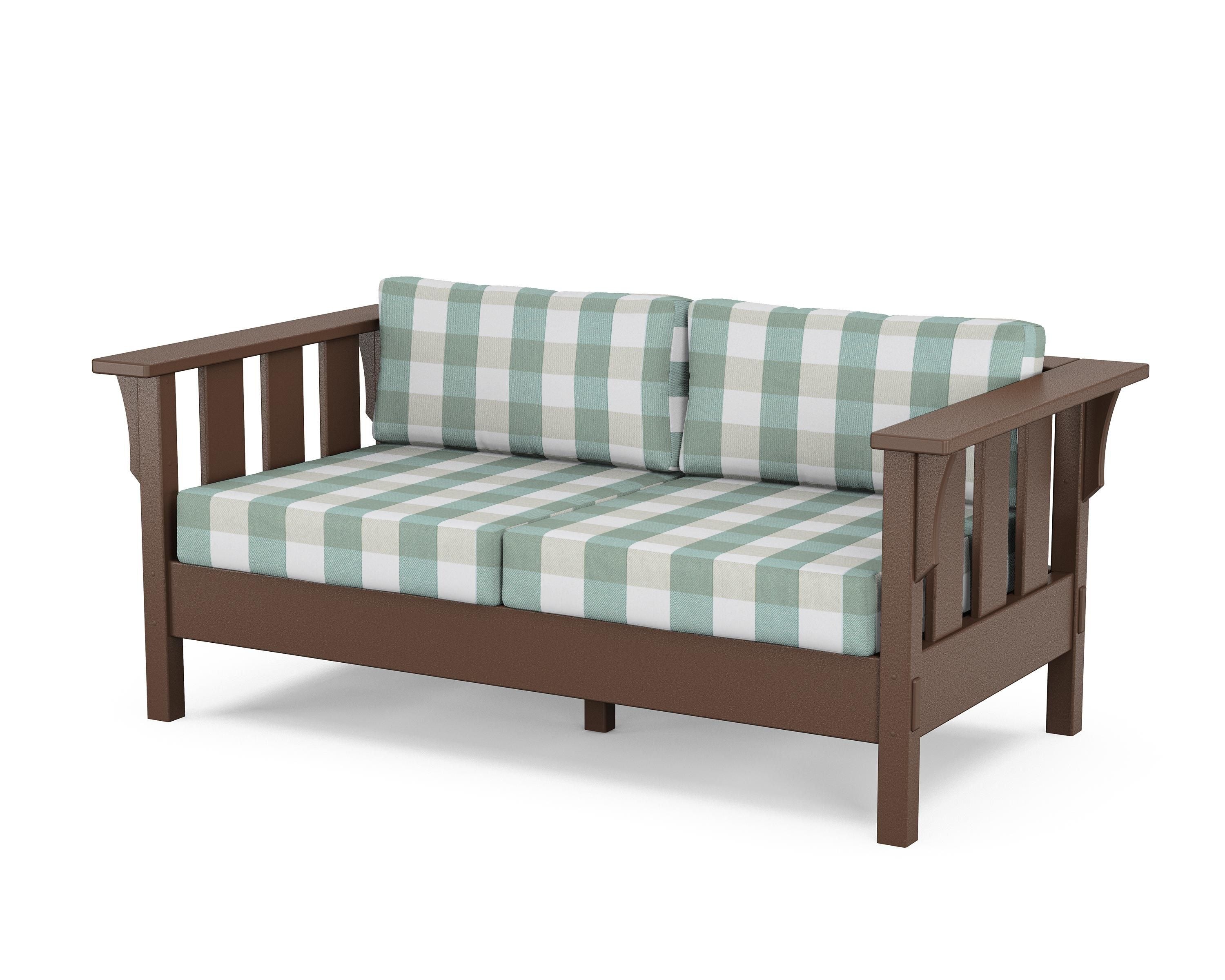 Martha Stewart by POLYWOOD® Acadia Deep Seating Loveseat in Mahogany / Buffalo Plaid Glacier Spa