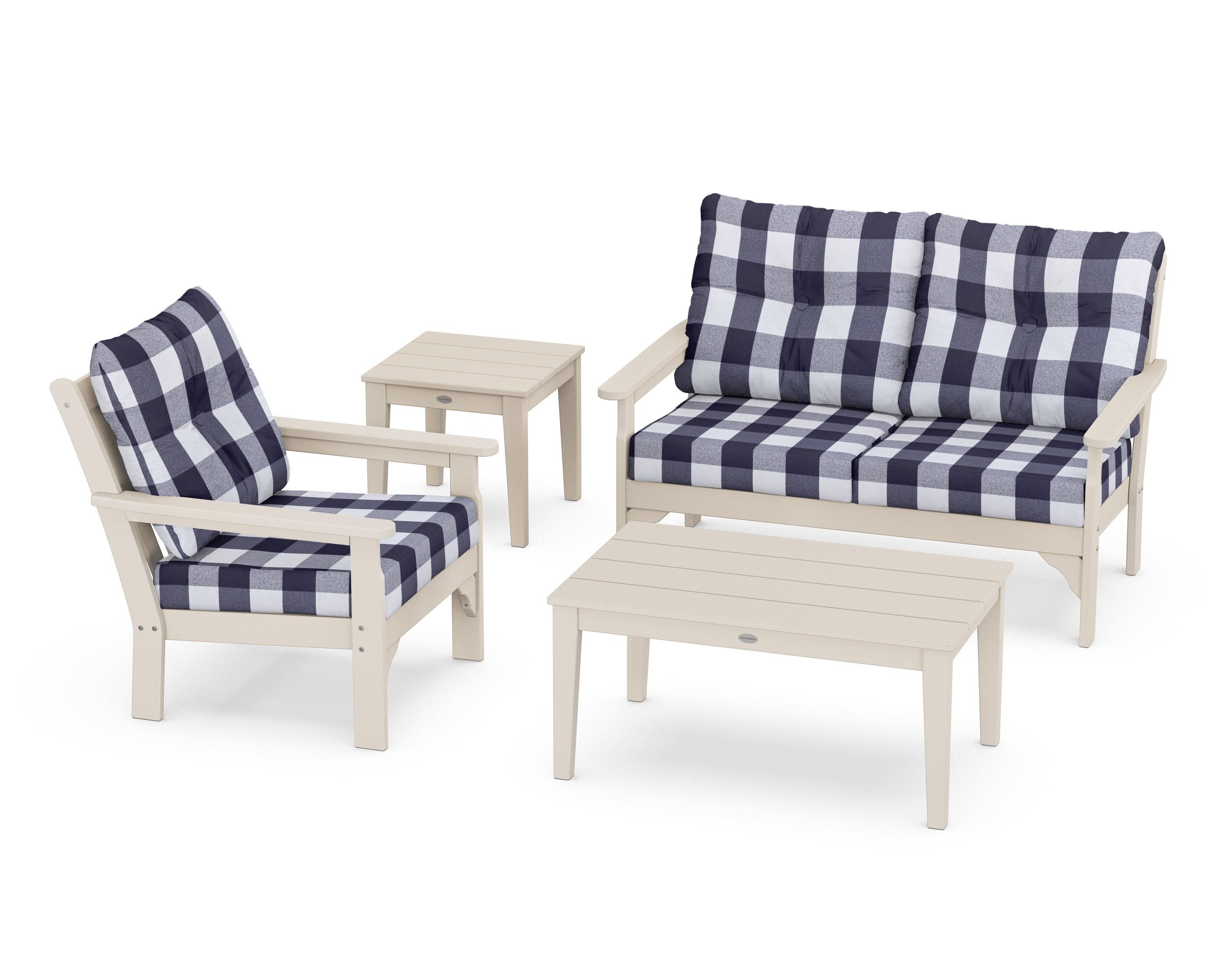 POLYWOOD® Vineyard 4-Piece Deep Seating Set in Sand / Buffalo Plaid Navy
