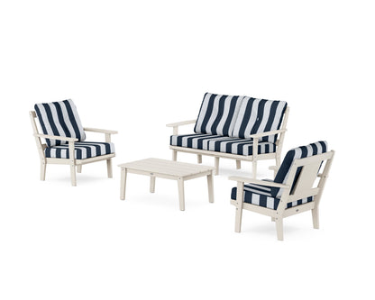 POLYWOOD® Prairie 4-Piece Deep Seating Set with Loveseat in Sand / Cabana Stripe Marine Indigo