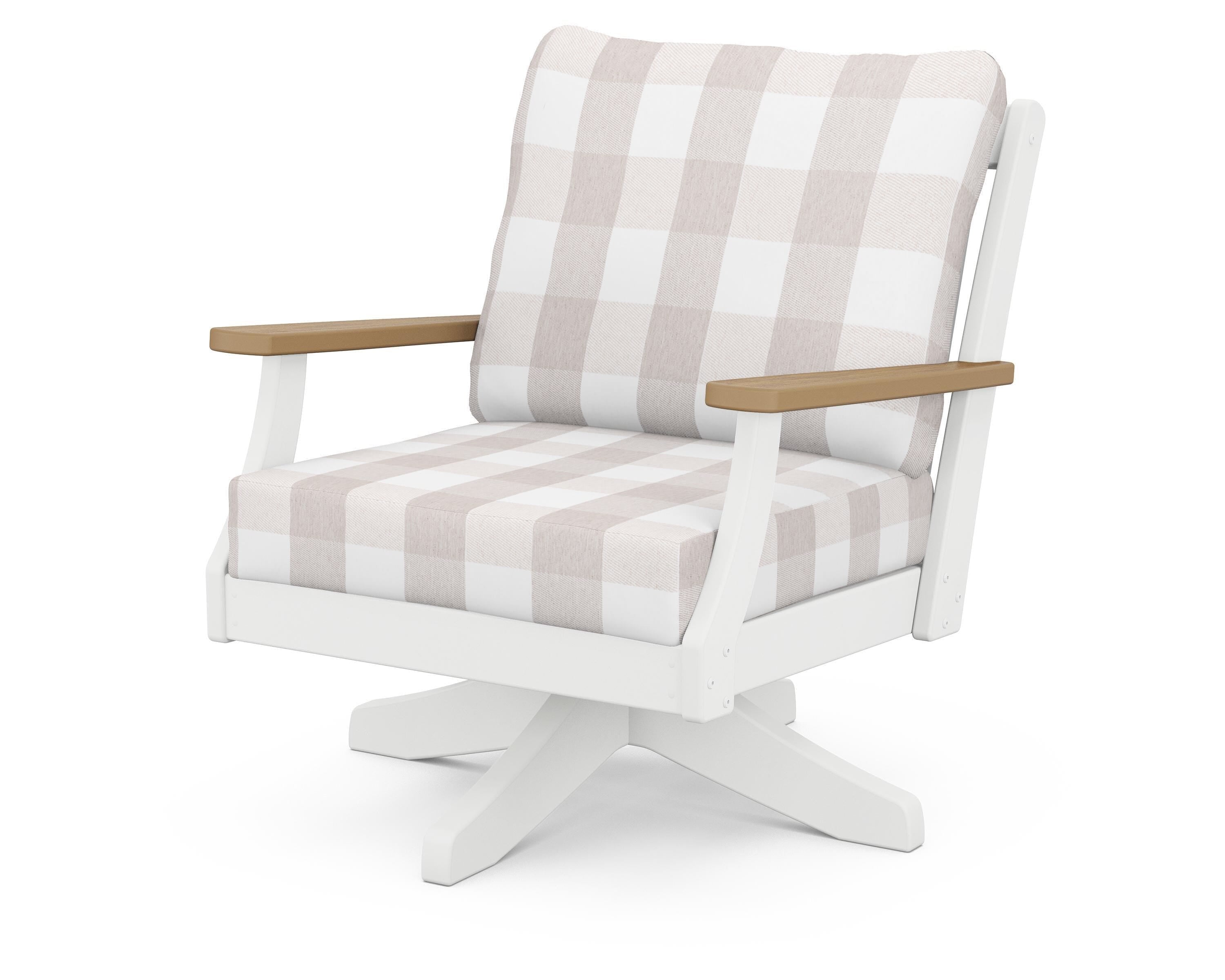 POLYWOOD® Braxton Deep Seating Swivel Chair in White / Natural / Buffalo Plaid Dune Burlap