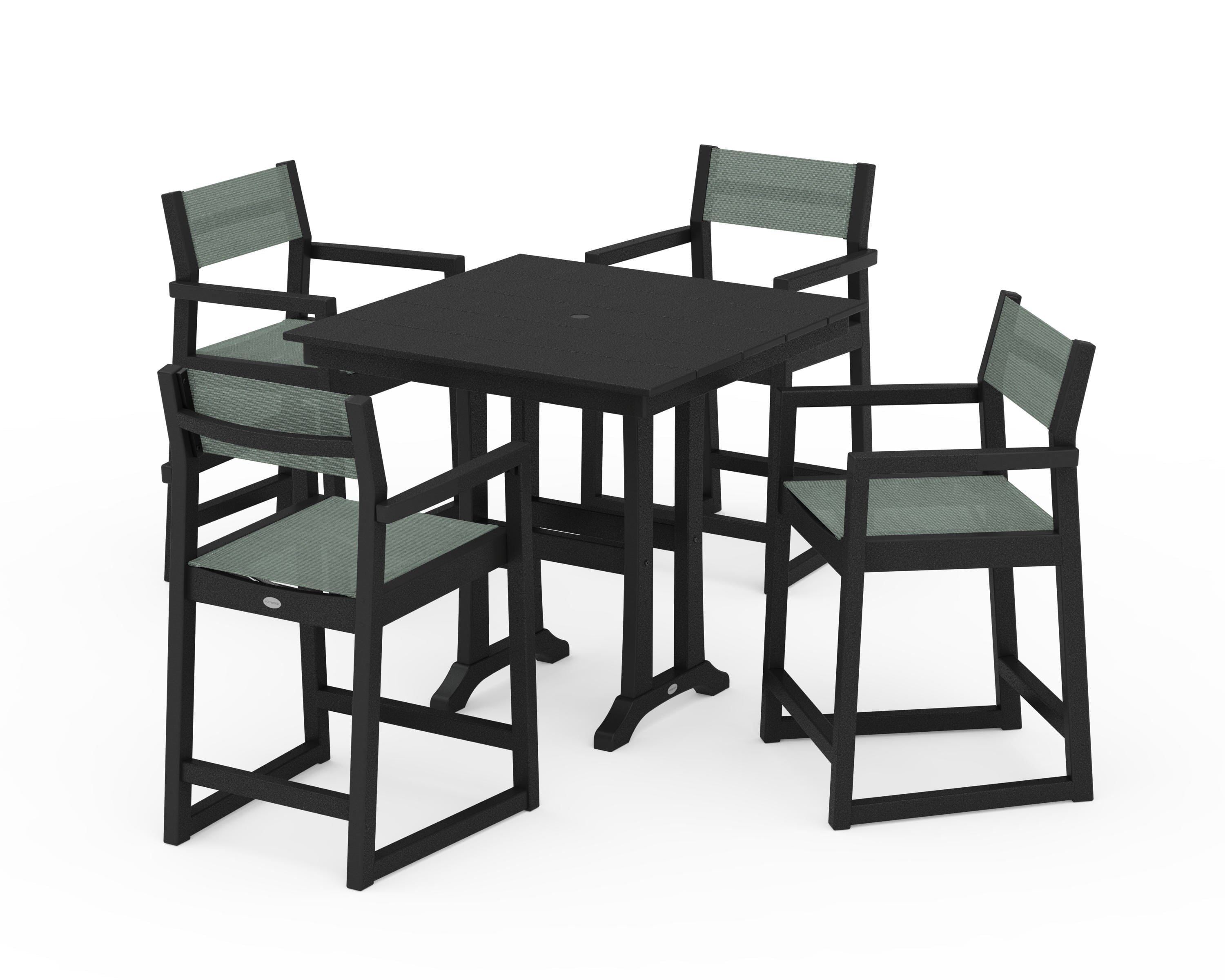 POLYWOOD® EDGE Sling Arm Chair 5-Piece Farmhouse Counter Set with Trestle Legs in Black / Dupioni Sea Mist Sling