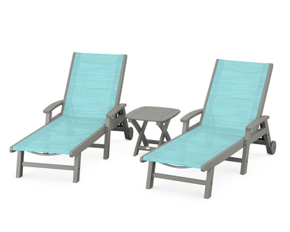 POLYWOOD® Coastal 3-Piece Wheeled Chaise Set in Slate Grey / Dupioni Aquamarine Sling
