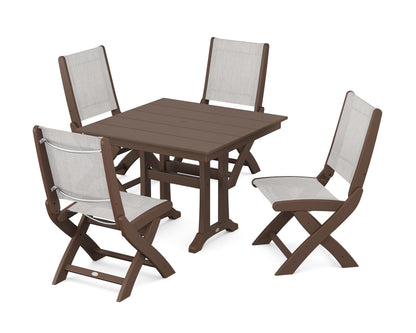 POLYWOOD® Coastal Folding Side Chair 5-Piece Farmhouse Dining Set With Trestle Legs in Mahogany / Parchment Sling