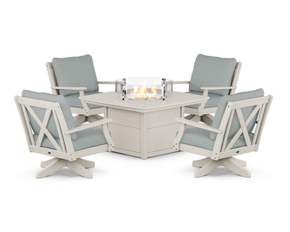 POLYWOOD® Braxton 5-Piece Deep Seating Swivel Conversation Set with Fire Pit Table in Sand / Spa