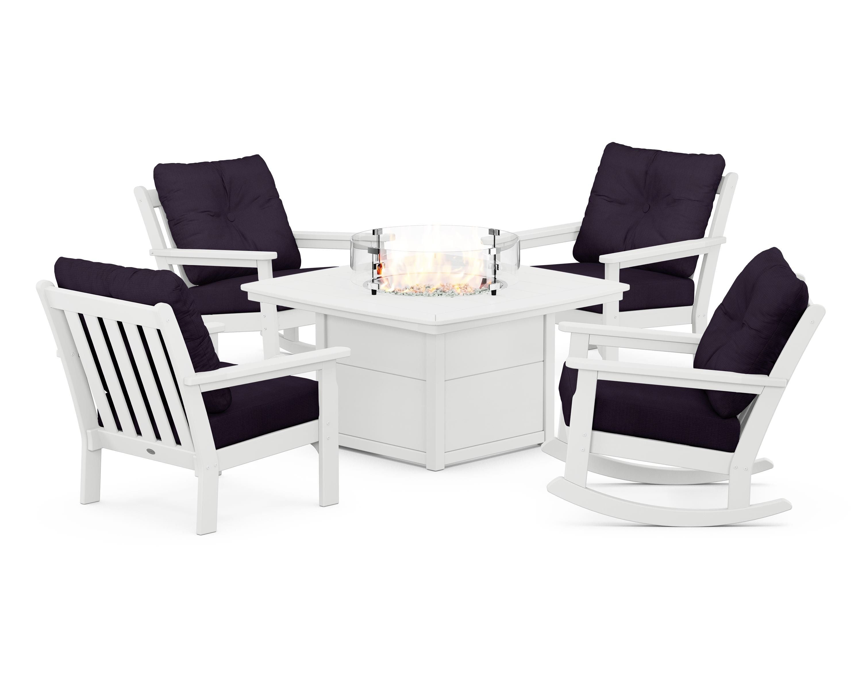 POLYWOOD® Vineyard 5-Piece Deep Seating Rocking Chair Conversation Set with Fire Pit Table in White / Navy Linen