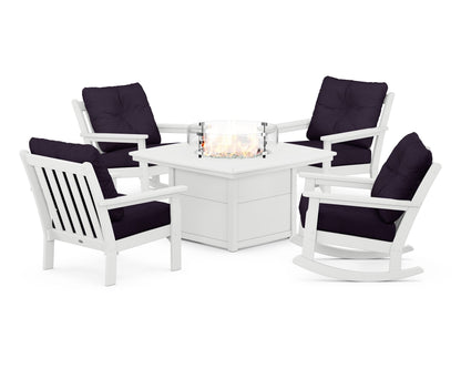 POLYWOOD® Vineyard 5-Piece Deep Seating Rocking Chair Conversation Set with Fire Pit Table in White / Navy Linen