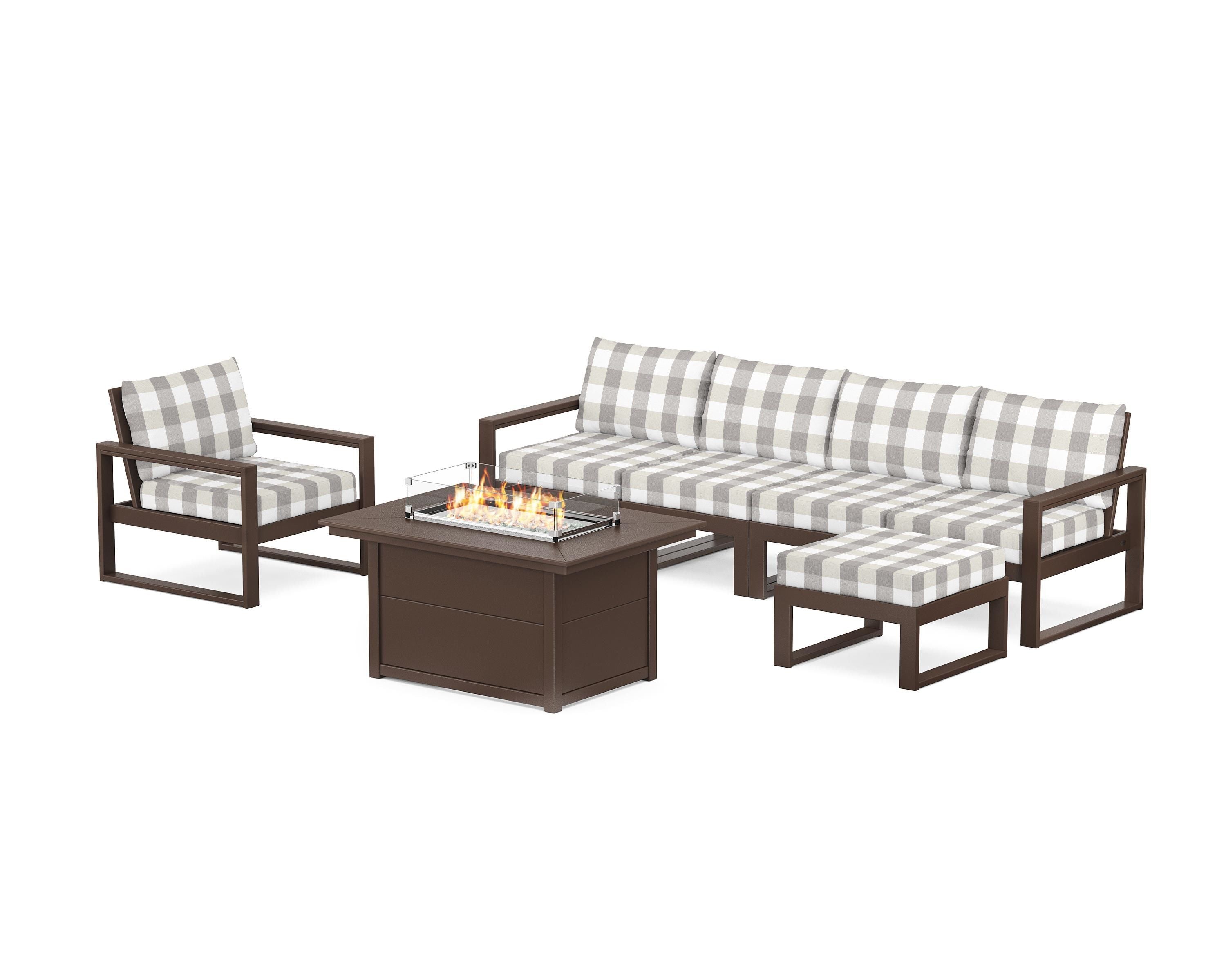POLYWOOD® EDGE Sectional Lounge and Fire Pit Set in Mahogany / Buffalo Plaid Grey Mist