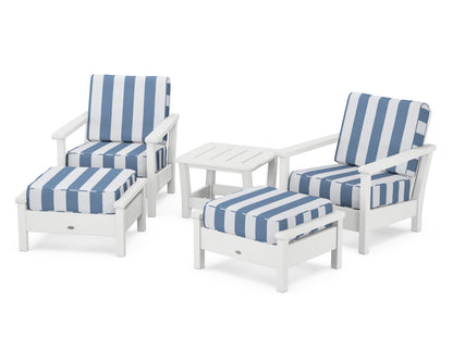 POLYWOOD® Harbour 5-Piece Deep Seating Chair Set in White / Cabana Stripe Sky Blue