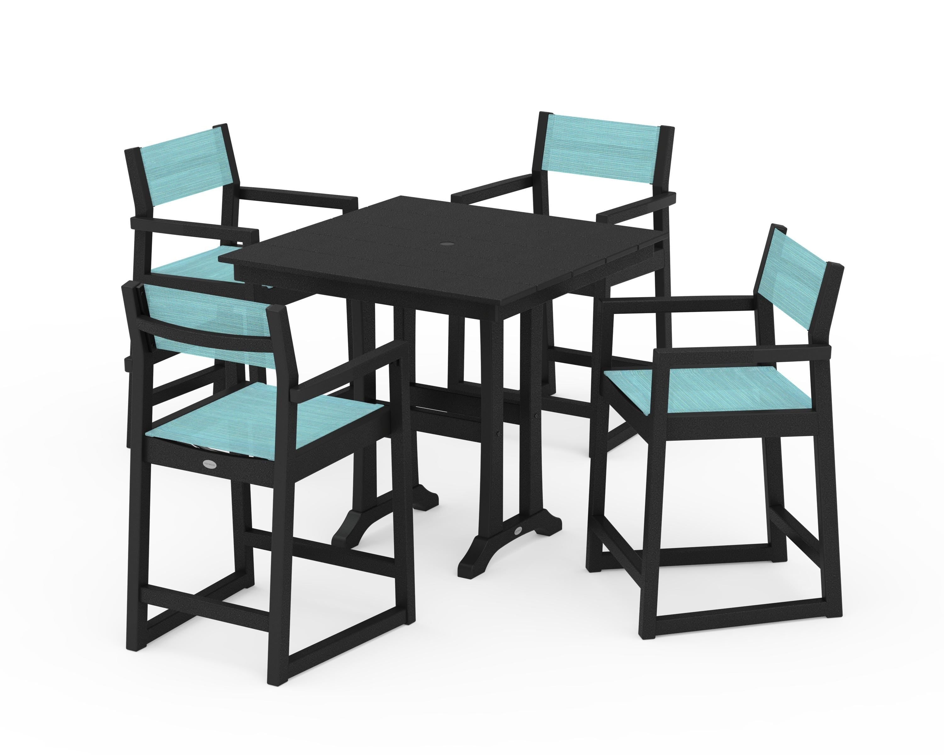 POLYWOOD® EDGE Sling Arm Chair 5-Piece Farmhouse Counter Set with Trestle Legs in Black / Dupioni Aquamarine Sling