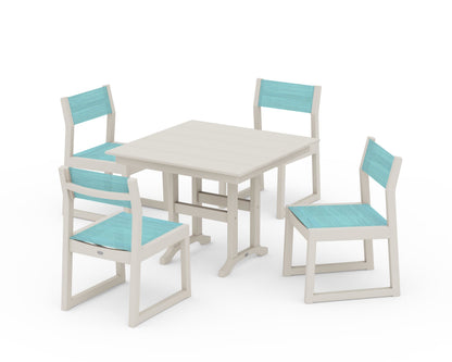 POLYWOOD® EDGE Sling Side Chair 5-Piece Farmhouse Dining Set in Sand / Dupioni Aquamarine Sling