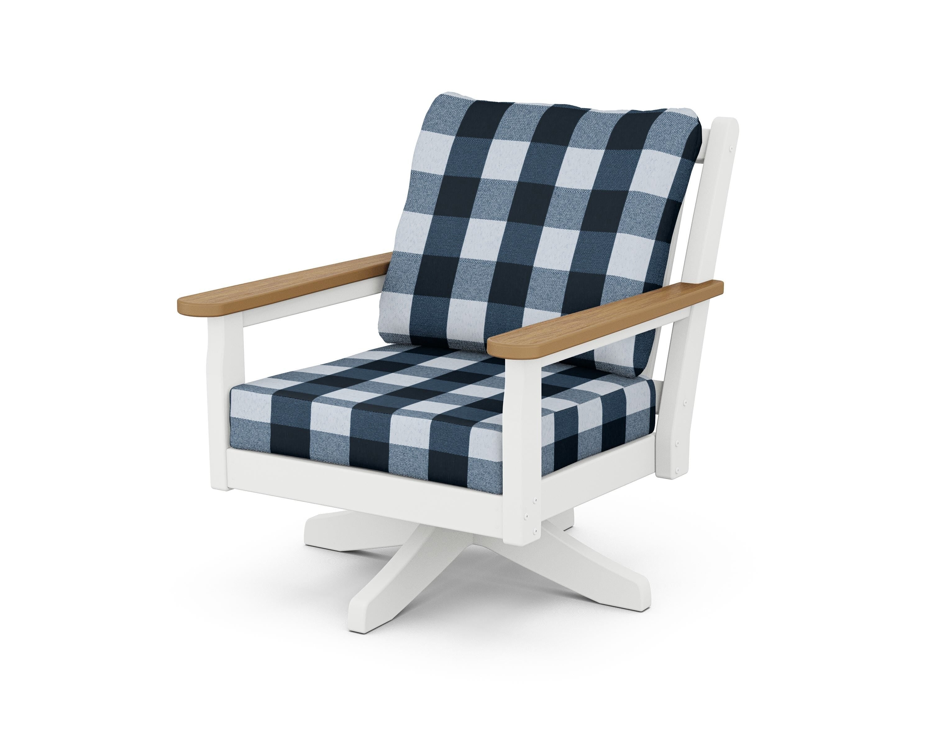 POLYWOOD® Chippendale Deep Seating Swivel Chair in White / Natural / Buffalo Plaid Marine Indigo