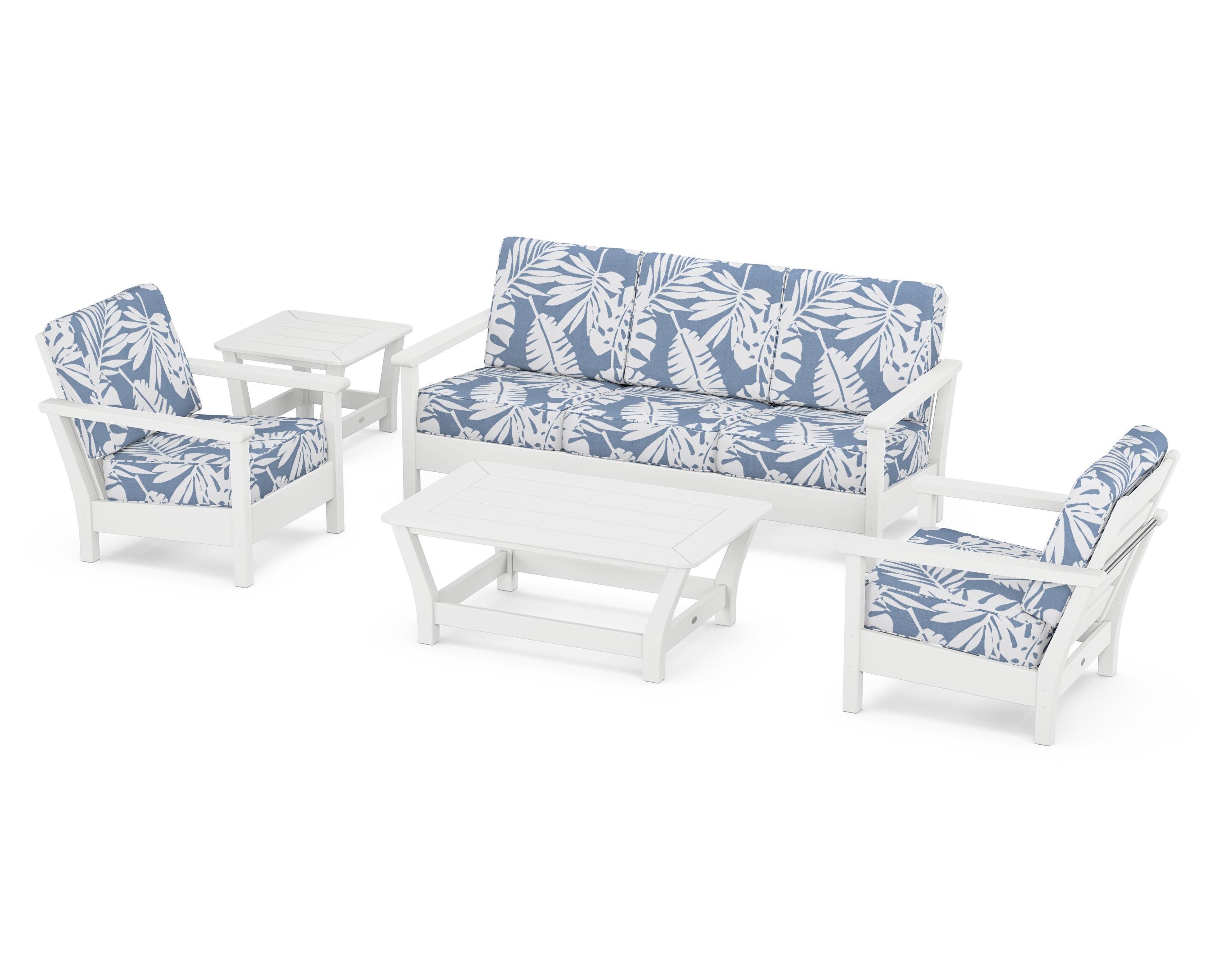 POLYWOOD® Harbour 5-Piece Deep Seating Set in White / Leaf Sky Blue