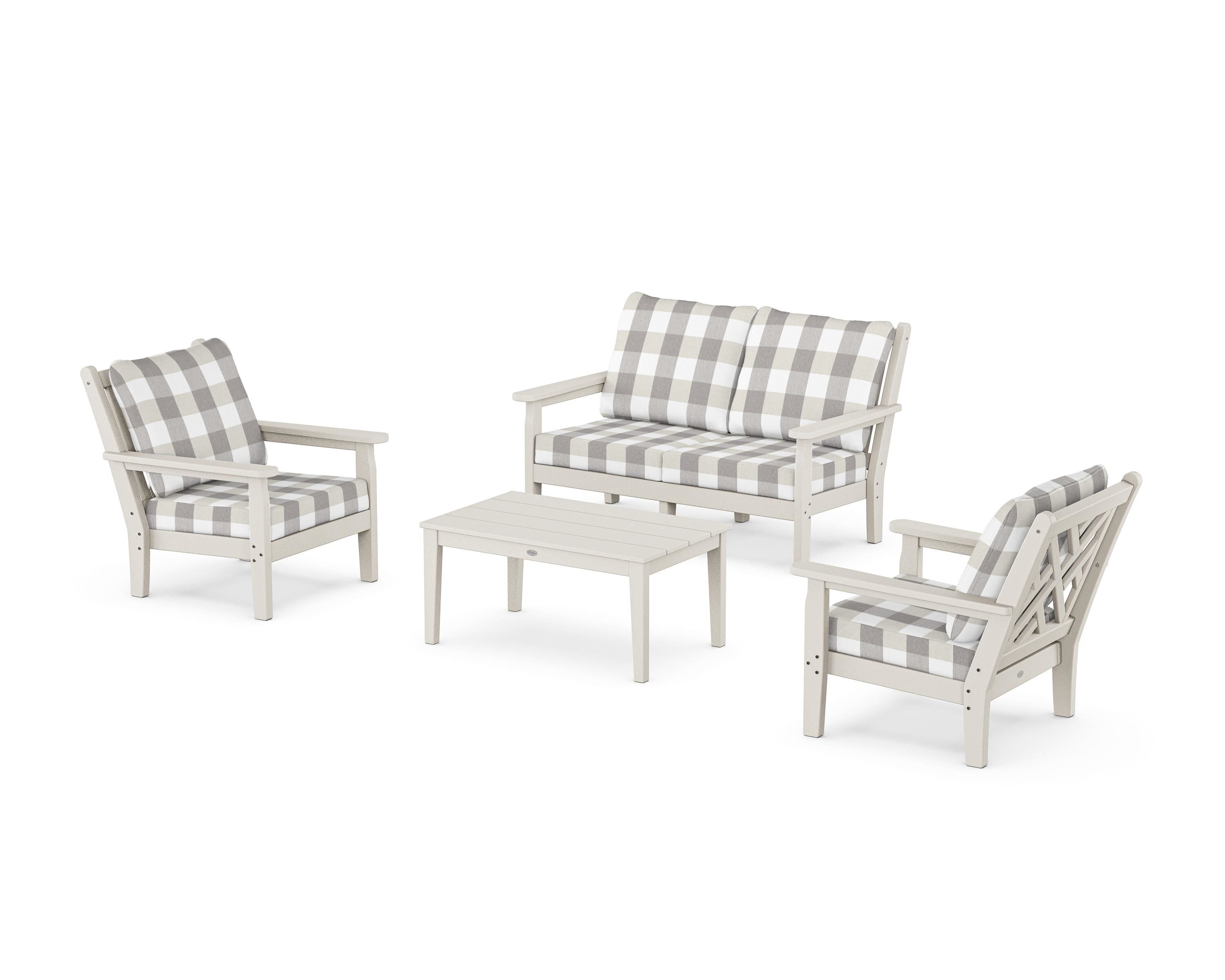 POLYWOOD® Chippendale 4-Piece Deep Seating Set with Loveseat in Sand / Buffalo Plaid Grey Mist