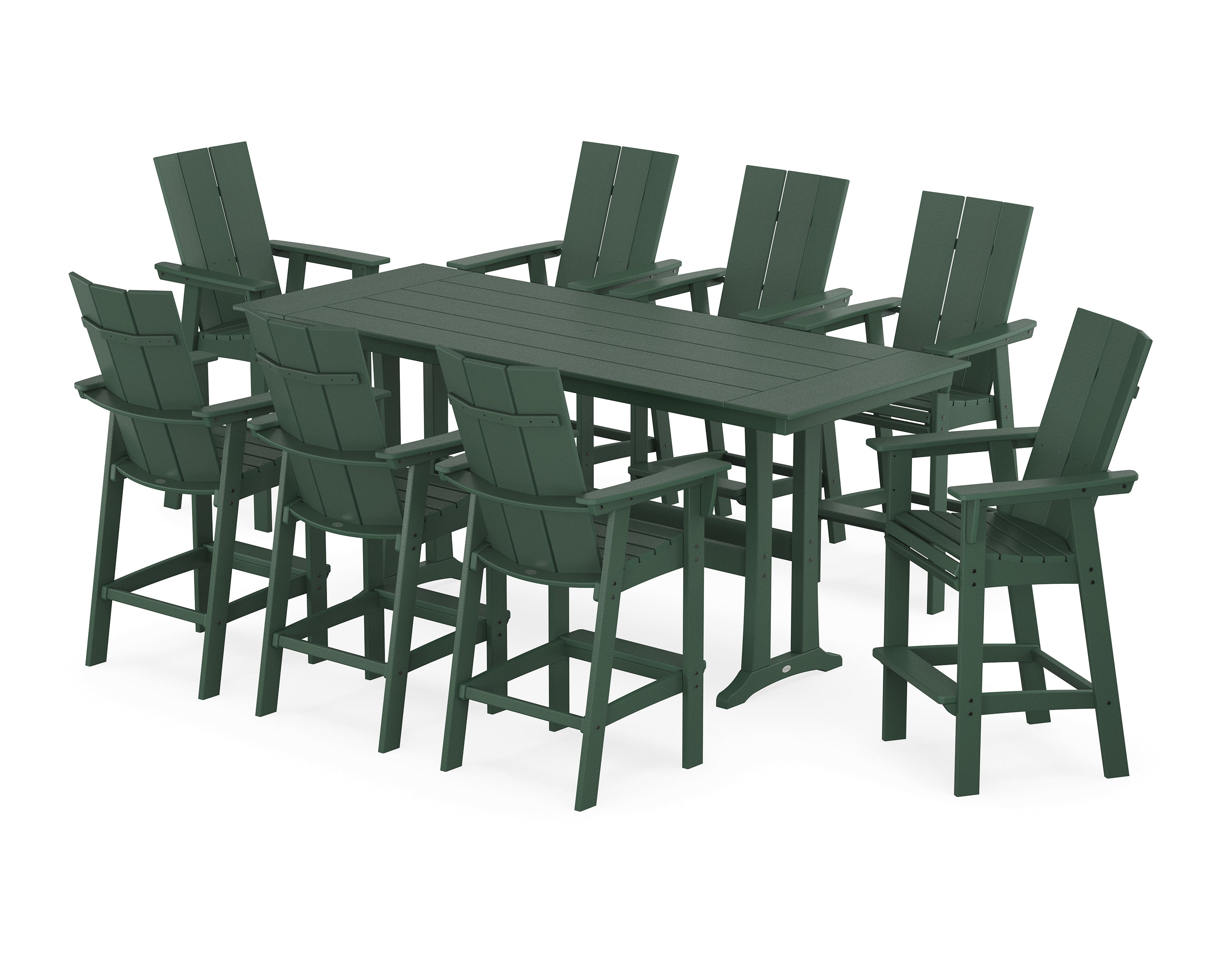 POLYWOOD® Modern Curveback Adirondack 9-Piece Farmhouse Bar Set with Trestle Legs in Green