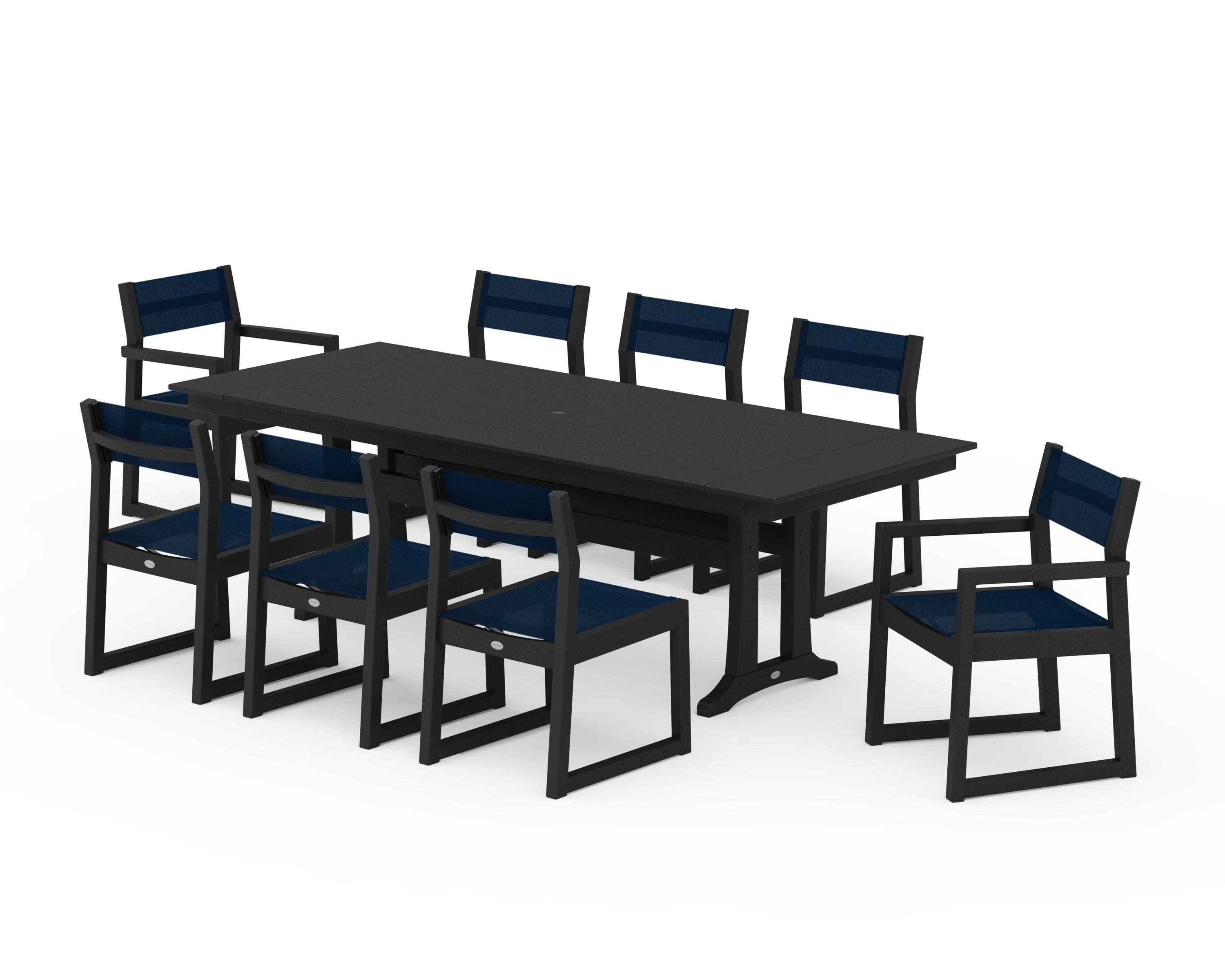 POLYWOOD® EDGE Sling 9-Piece Farmhouse Trestle Dining Set in Black / Navy Blue Sling