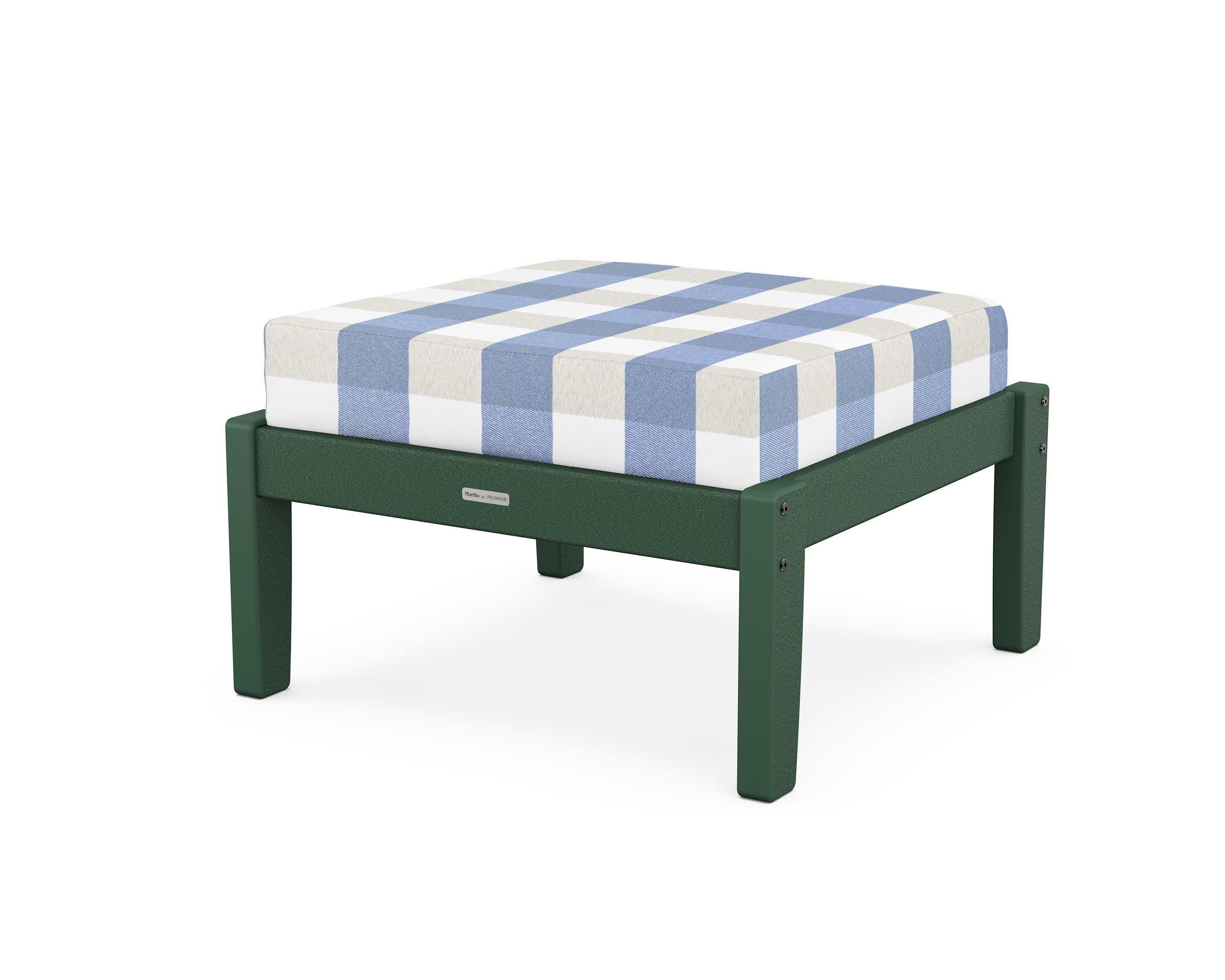 Martha Stewart by POLYWOOD® Chinoiserie Deep Seating Ottoman in Green / Buffalo Plaid Sky Blue