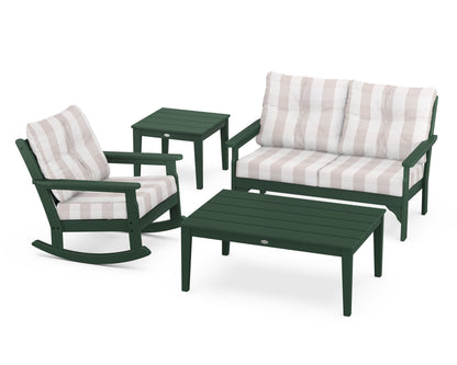 POLYWOOD® Vineyard 4-Piece Deep Seating Rocker Set in Green / Buffalo Plaid Dune Burlap