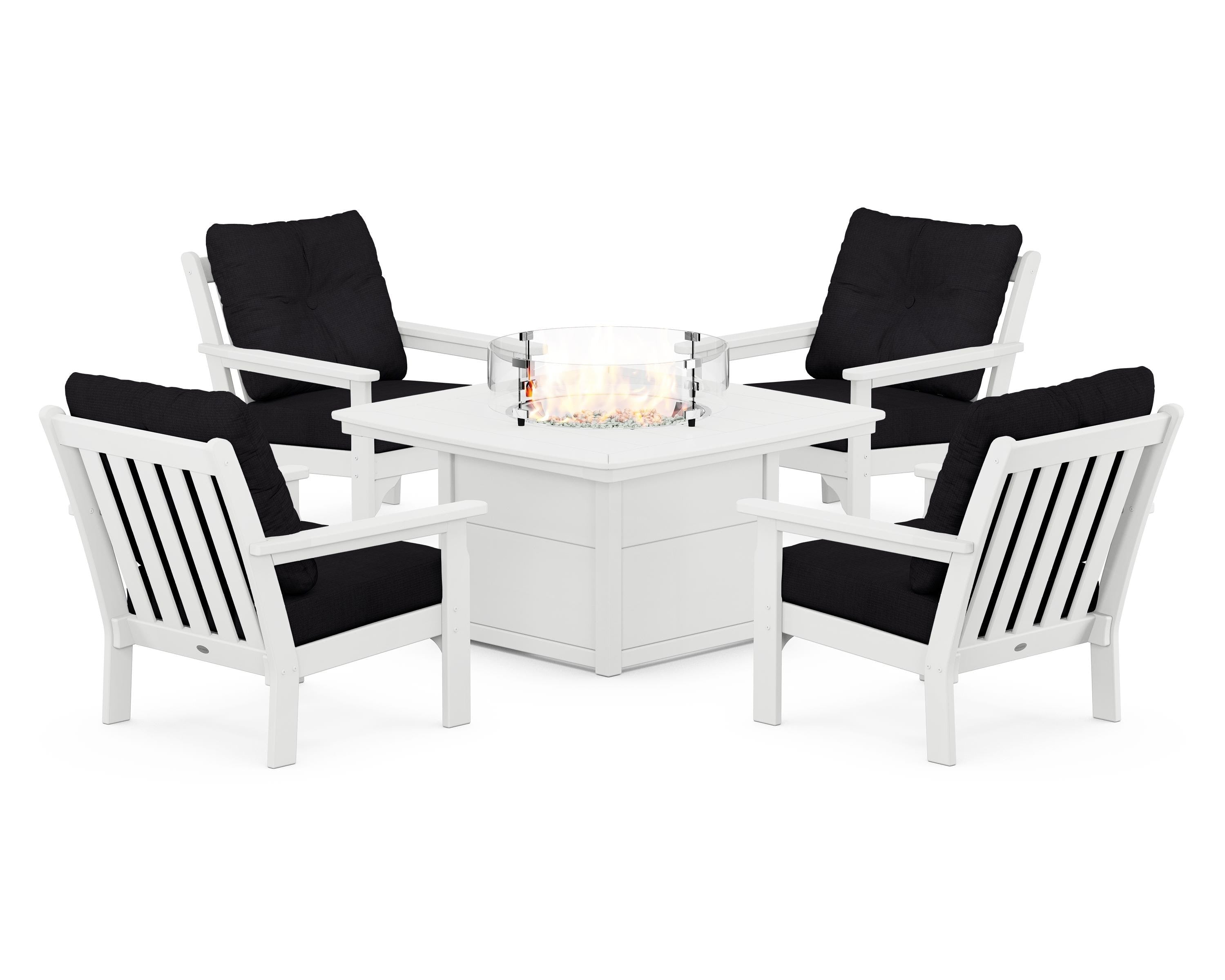 POLYWOOD® Vineyard 5-Piece Conversation Set with Fire Pit Table in White / Midnight Linen