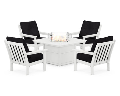 POLYWOOD® Vineyard 5-Piece Conversation Set with Fire Pit Table in White / Midnight Linen