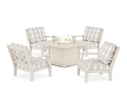 Martha Stewart by POLYWOOD® Chinoiserie 5-Piece Deep Seating Set with Fire Pit Table in Sand / Buffalo Plaid Dune Burlap