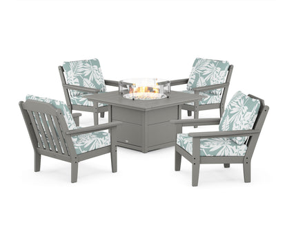 Country Living Cottage 5-Piece Deep Seating Set with Fire Pit Table in Slate Grey / Leaf Glacier Spa
